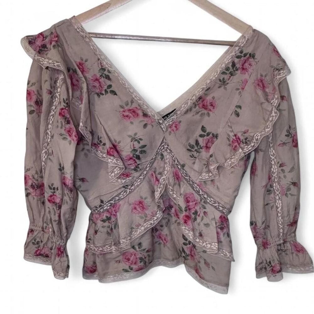 Love Sam Floral Cottagecore Blouse w/ Lace Trim & Ruffles Sz Small